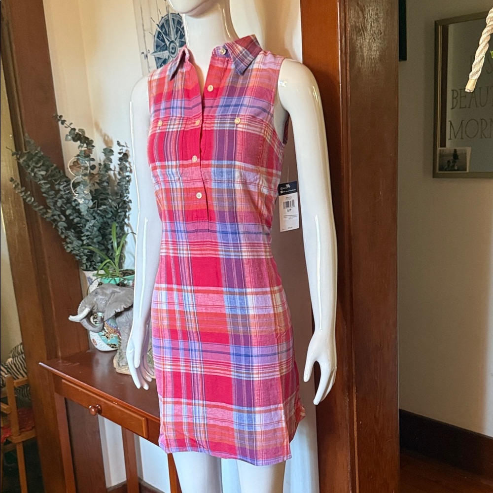 Chaps Pink Plaid Sleeveless Mini Shirt Dress S